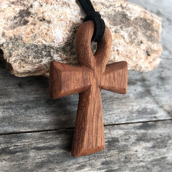 Hand-Carved Mahogany Wooden Ankh Necklace - Picture 3 of 10